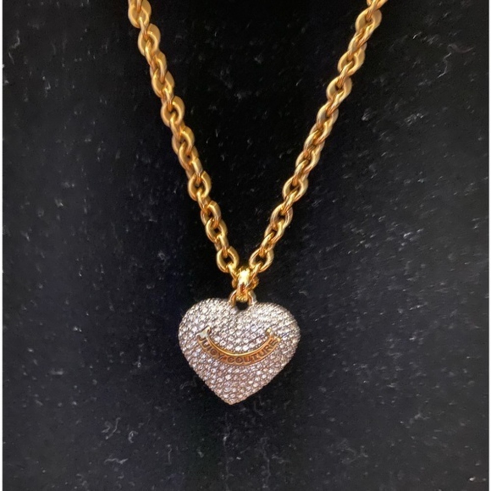Juicy Couture Gold tone PAVE Heart Necklace 20” long. Over side is gold tone.